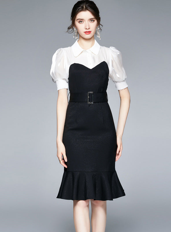 Black-and-white Slim Ruffled Dress