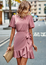 Ruffled Round Neck Solid Color Dress