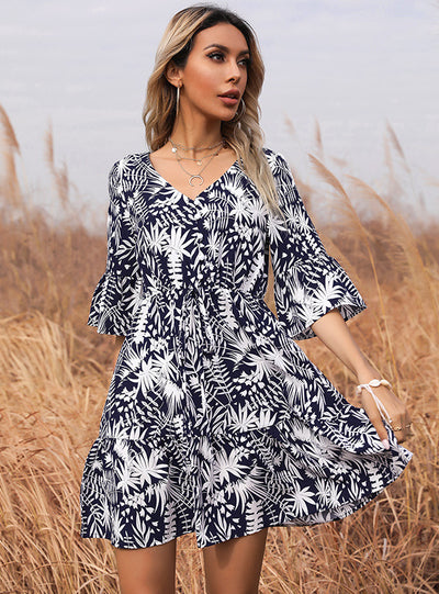V-neck Printed Trumpet Sleeve Leaf Dress