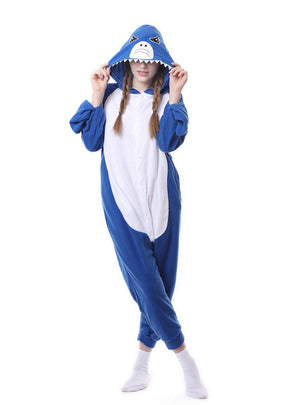 Women Flannel Blue Shark Onesie Pajama Animal