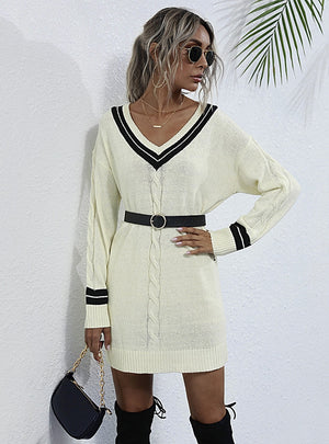 Twist V-neck College Wind Knitted Sweater Dress