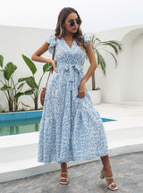 Floral V-neck Short Sleeve Printed Chiffon Dress