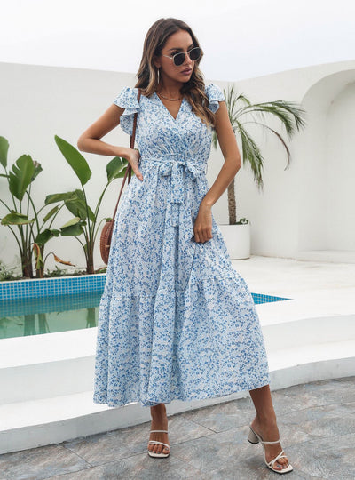 Floral V-neck Short Sleeve Printed Chiffon Dress