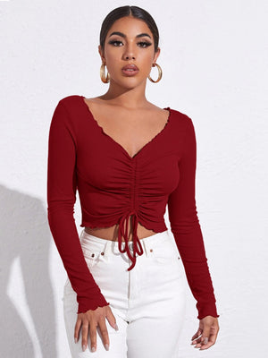 Casual V-neck Pleated Slim Long Sleeve T-shirt