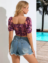 Lantern Sleeve Collar Floral Vest Top T-shirt