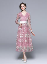 V-neck Gauze Embroidered Flower Long Sleeve Dress