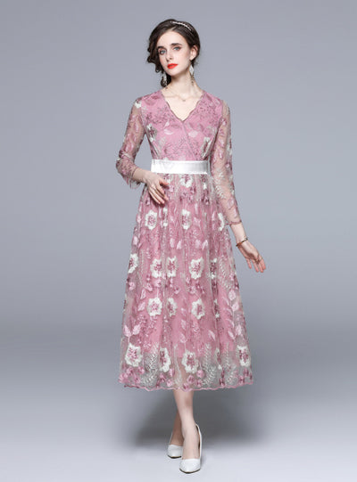 V-neck Gauze Embroidered Flower Long Sleeve Dress