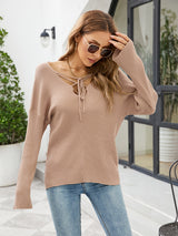 Loose Solid Color Sexy Lace-up Sweater