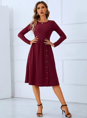 Red Round Neck Long Sleeve Pleated Button Dress