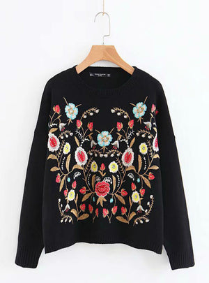 Women Knit Embroidery Flower Sweater Pattern