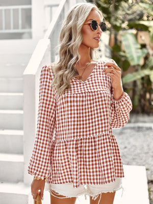 Loose Casual V-neck Plaid Top