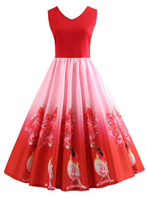 V-neck Print Sleeveless Vintage Dress