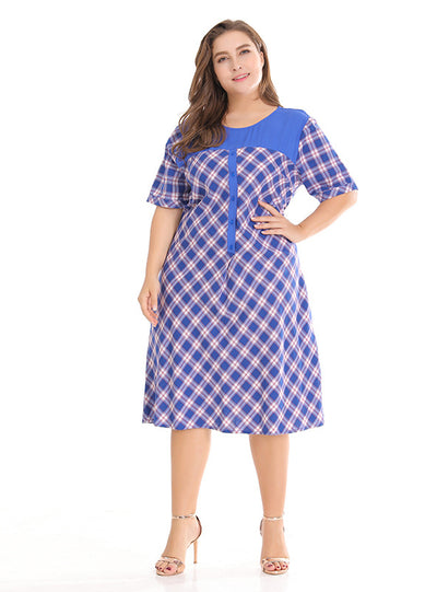 Large Size Loose Slim Stitching Plaid Dress