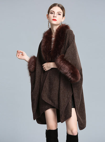 Imitation Fox Fur Collar Shawl Cape Woolen Coat Cardigan