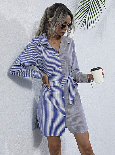 Bow Long Sleeve Stitching Striped Cardigan Shirt Dress