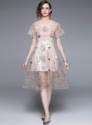Heavy Embroidery Lace Mesh Stitching Dress
