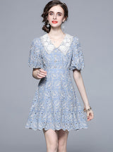 Embroidered Lace Collar Waist Ruffled Dress
