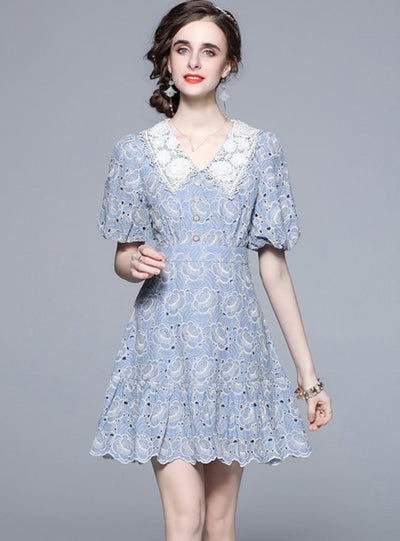 Embroidered Lace Collar Waist Ruffled Dress