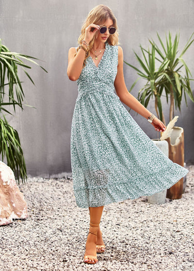 V-neck Leisure Vacation Print Dress