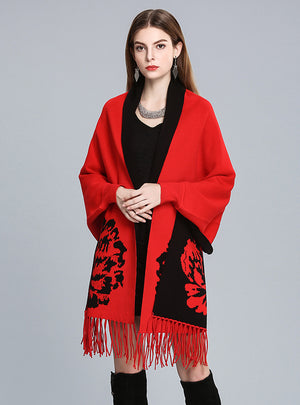 Jacquard Fringed Knitted Shawl Cloak Bat Sleeve Padded