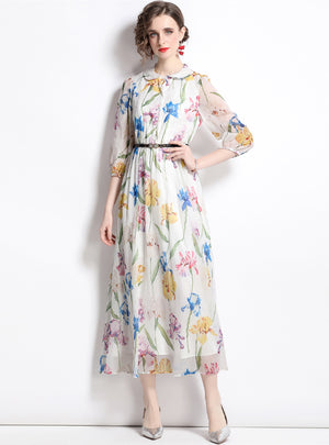 3/4 Sleeve Chiffon Print Dress