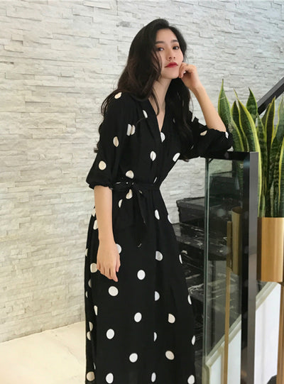 V-neck Ladies Long Dress Casual Half Sleeve Dot Dress