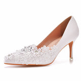 Thin Heel Lace Beaded Wedding Shoes