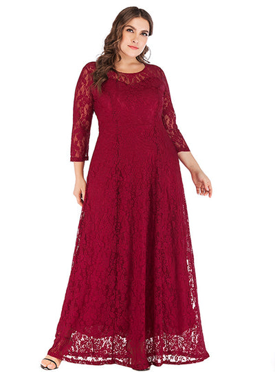 Large Size Lace 3/4 Sleeves Hollow Out Long Dress