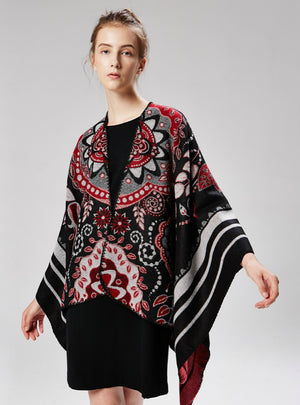Women Ethnic Flowers Shawl Large Cloak