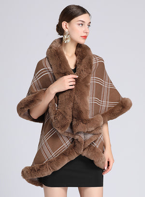 Fur Collar Plaid Shawl Cloak Large Size Knitted Coat