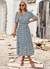 Silm Waist Round Neck Printed Dress