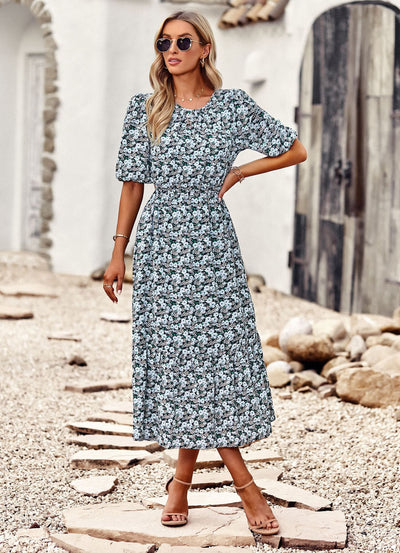 Silm Waist Round Neck Printed Dress