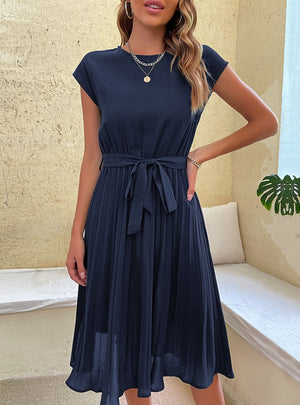 Summer Lace-up Solid Color Pleated Dress