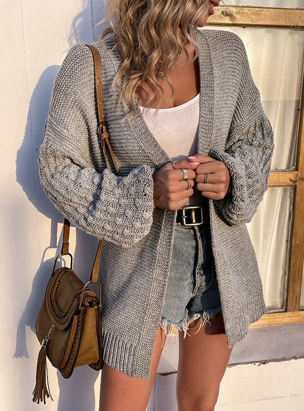 Solid Color Lantern Sleeve Sweater Cardigan