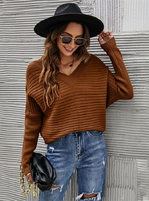 Solid Color V-neck Pullover Long Sleeve Sweater