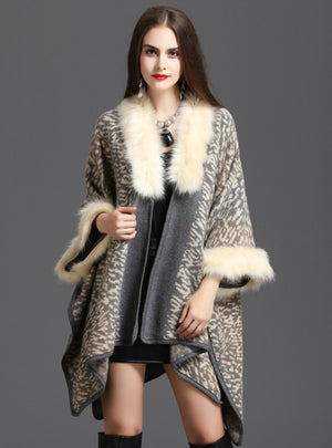 Fox Like Fur Collar Printed Knitted Cardigan Shawl Cape