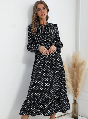 Long-sleeved Pleated Polka-dot Dress