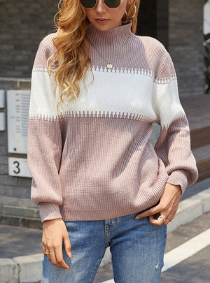 Collar Lantern Sleeve Stitching Color Contrast Sweater