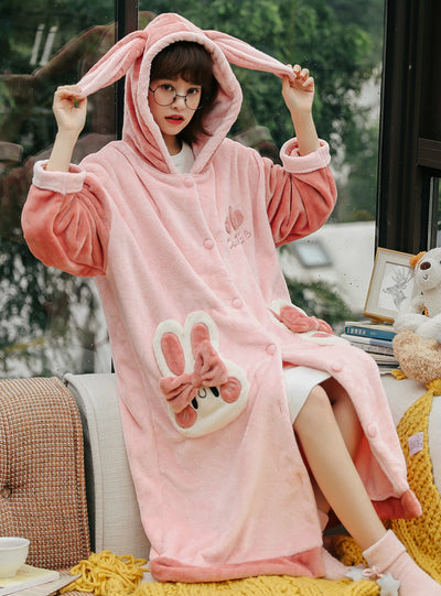 Lovely Cartoon Rabbit Long Nightgown Flannel