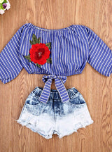 Tops Shirts Blouse Flower Striped Denim Short Jeans