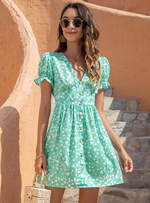 V-neck Print Bubble Sleeve High Waist Dress