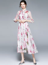 Lily print Lace-up Lantern Sleeves Dress