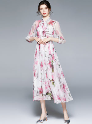 Lily print Lace-up Lantern Sleeves Dress