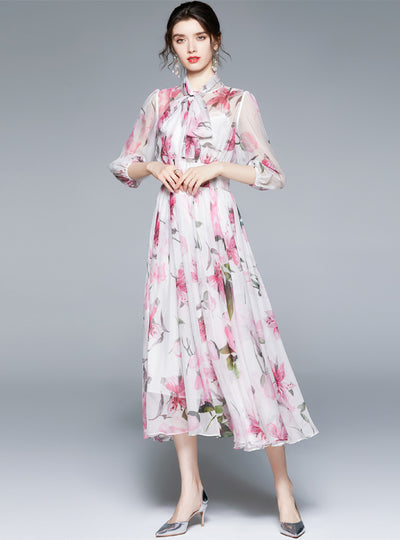 Lily print Lace-up Lantern Sleeves Dress