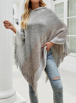 Color Matching Striped Hooded Cape Pullover Knitted Shawl