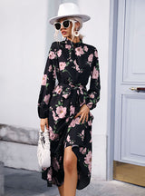 High Collar Printed Chiffon Long Sleeve Dress