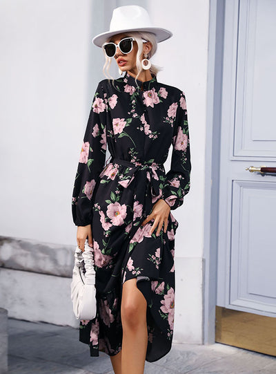 High Collar Printed Chiffon Long Sleeve Dress