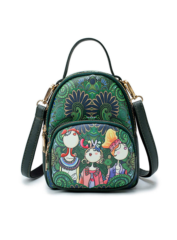 Women Backpack Green Forest Printing Mini Backpack