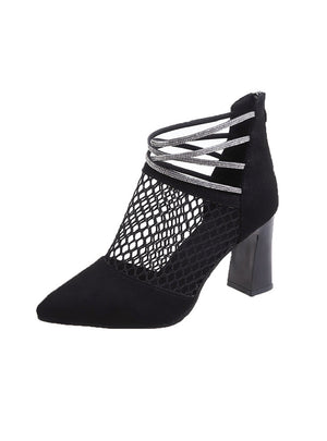 Mesh Pointed Thick Heel Hollow High Heel Cool Boots