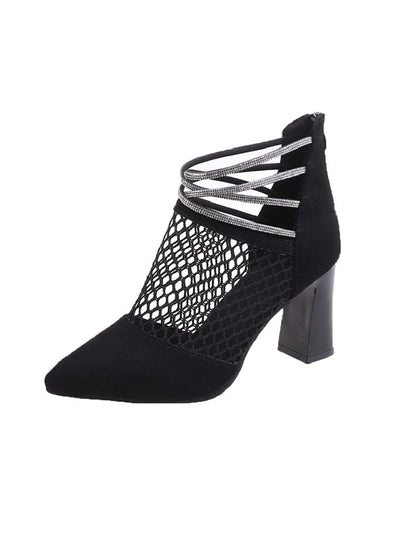 Mesh Pointed Thick Heel Hollow High Heel Cool Boots